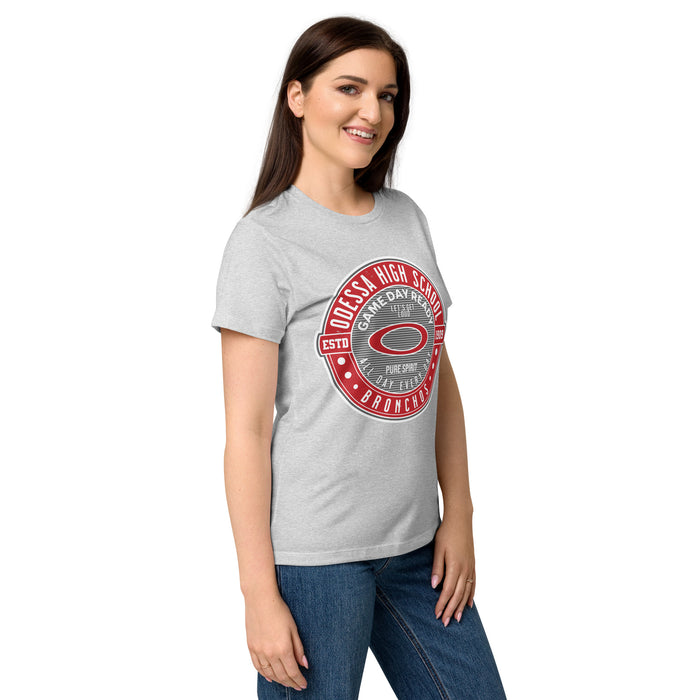 Side view of Odessa High School Bronchos Women's Grey SoftStyle T-shirt 224