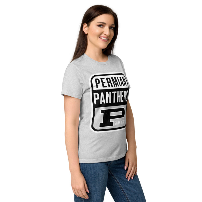 Side view of Permian High School Panthers Women's Grey SoftStyle T-shirt 001