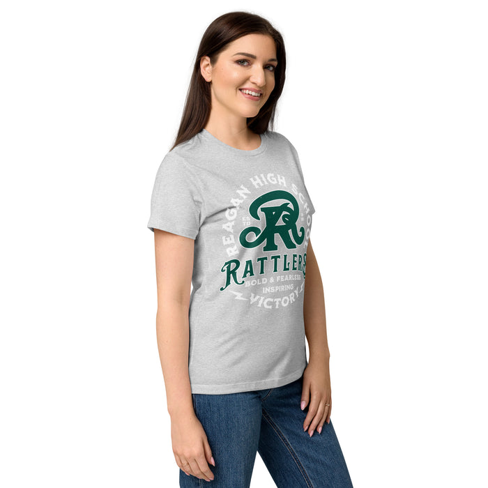 Side view of Reagan High School Rattlers Women's Grey SoftStyle T-shirt 206