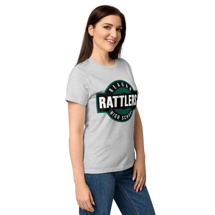 Side view of Reagan High School Rattlers Women's Grey SoftStyle T-shirt 098
