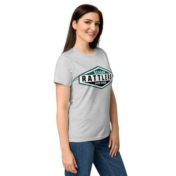 Side view of Reagan High School Rattlers Women's Grey SoftStyle T-shirt 009