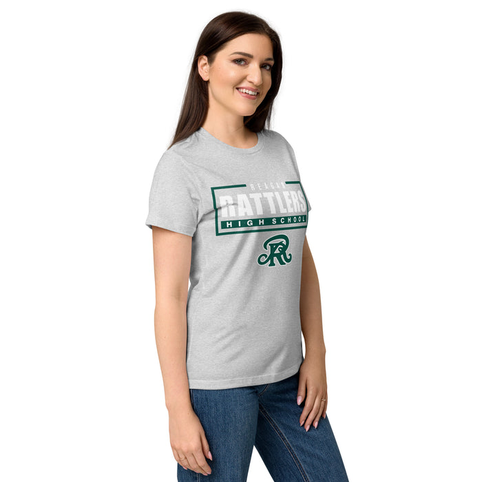 Side view of Reagan High School Rattlers Women's Grey SoftStyle T-shirt 049