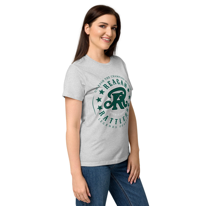 Side view of Reagan High School Rattlers Women's Grey SoftStyle T-shirt 214