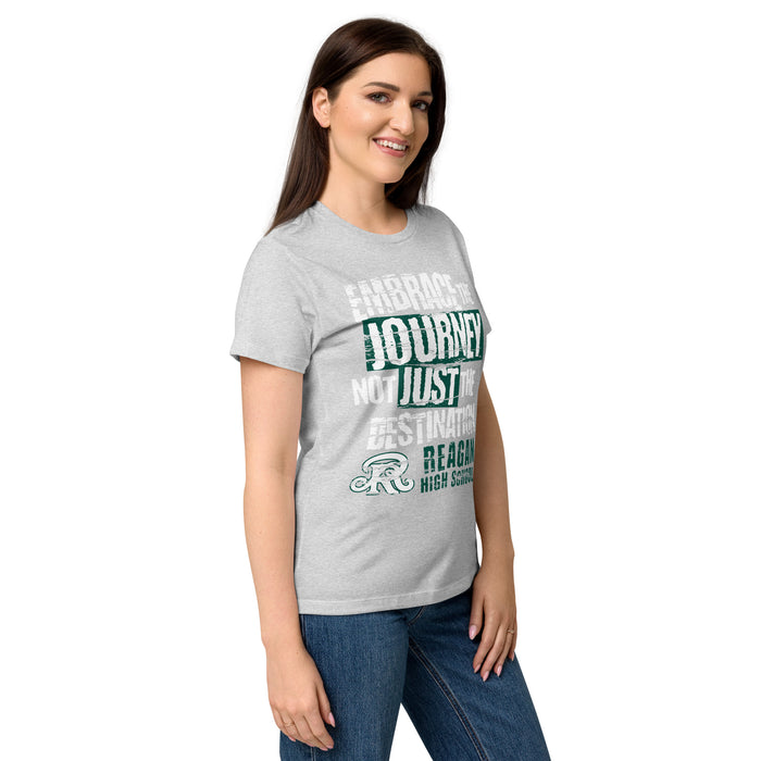 Side view of Reagan High School Rattlers Women's Grey SoftStyle T-shirt 232