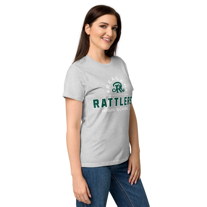 Side view of Reagan High School Rattlers Women's Grey SoftStyle T-shirt 222