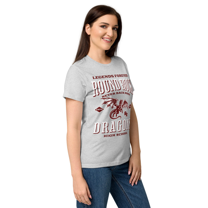 Side view of Round Rock High School Dragons Women's Grey SoftStyle T-shirt 230