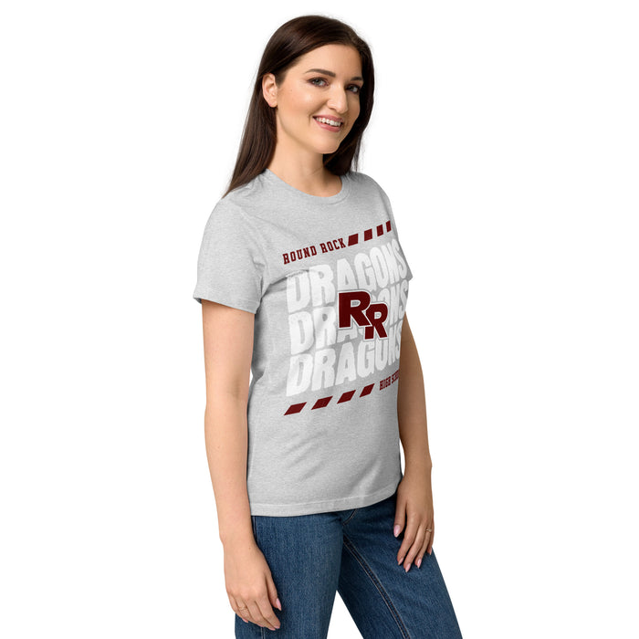 Side view of Round Rock High School Dragons Women's Grey SoftStyle T-shirt 223