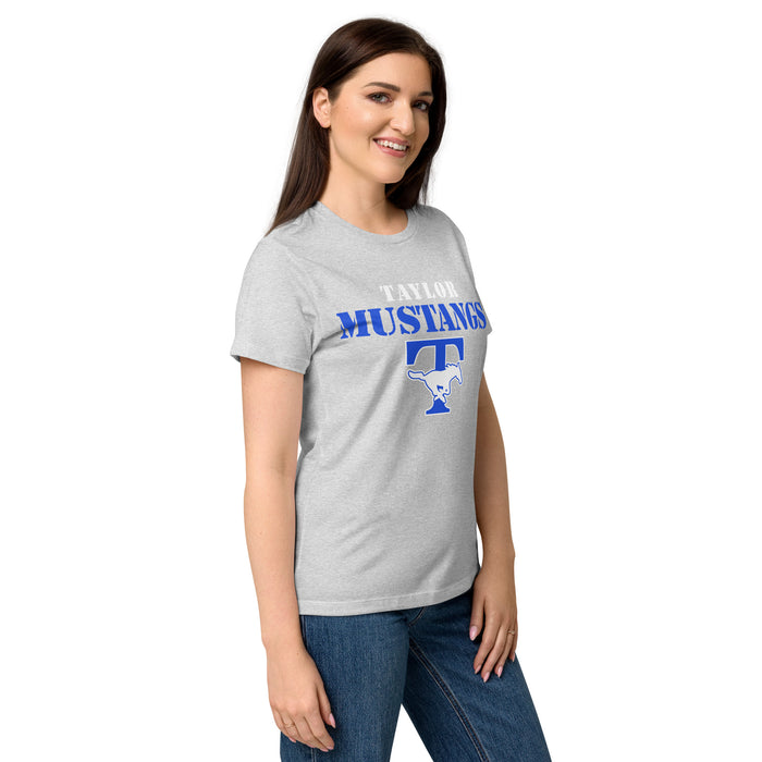 Side view of Taylor High School Mustangs Women's Grey SoftStyle T-shirt 017