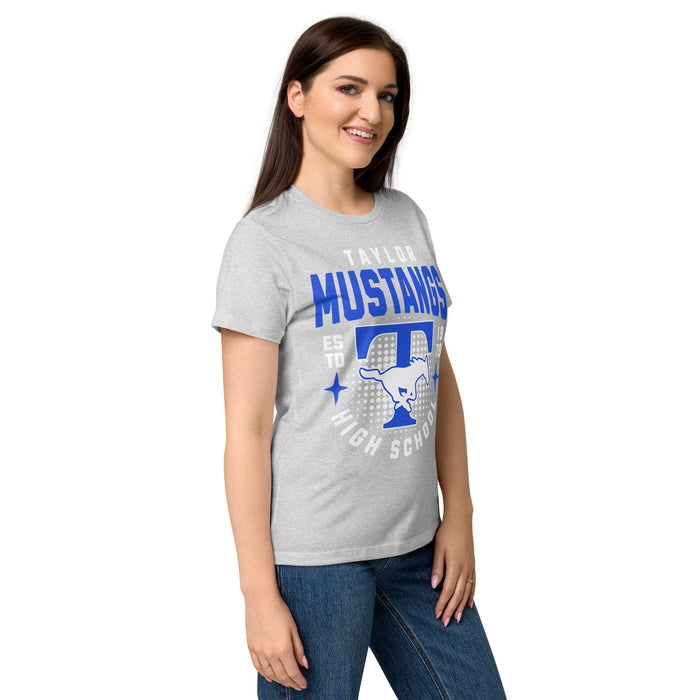 Side view of Taylor High School Mustangs Women's Grey SoftStyle T-shirt 204