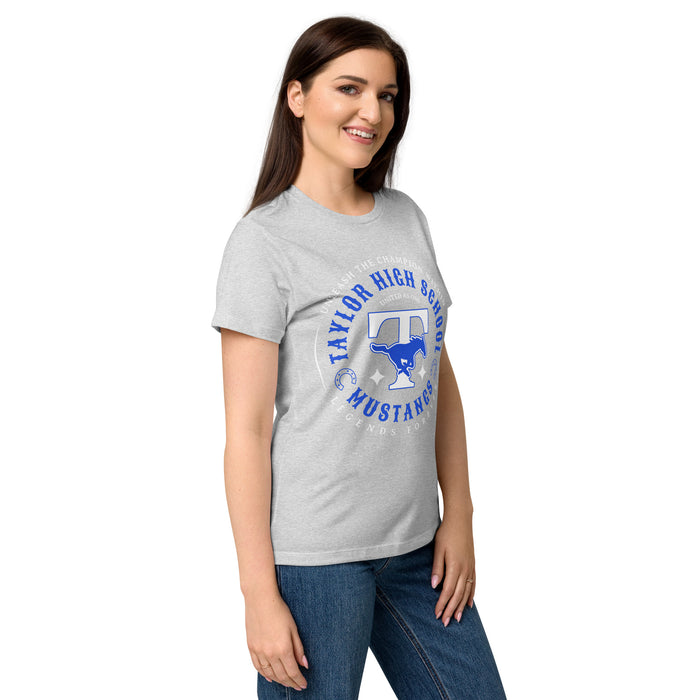 Side view of Taylor High School Mustangs Women's Grey SoftStyle T-shirt 214