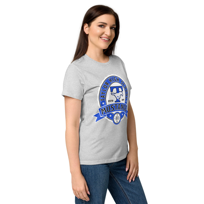Side view of Taylor High School Mustangs Women's Grey SoftStyle T-shirt 212