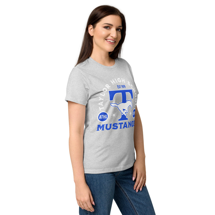 Side view of Taylor High School Mustangs Women's Grey SoftStyle T-shirt 208