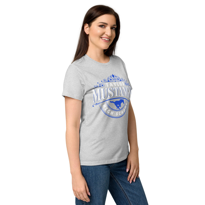 Side view of Taylor High School Mustangs Women's Grey SoftStyle T-shirt 211