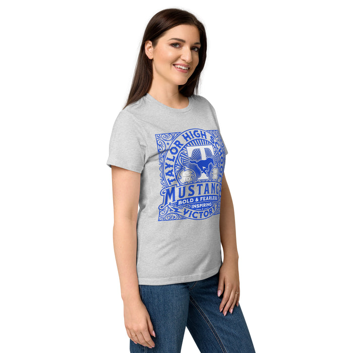 Side view of Taylor High School Mustangs Women's Grey SoftStyle T-shirt 206