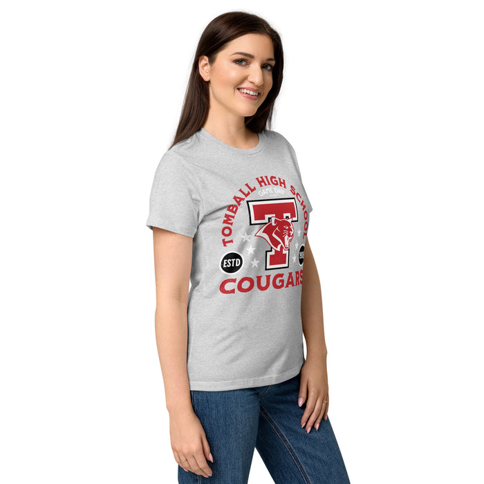 Side view of Tomball High School Cougars Women's Grey SoftStyle T-shirt 208