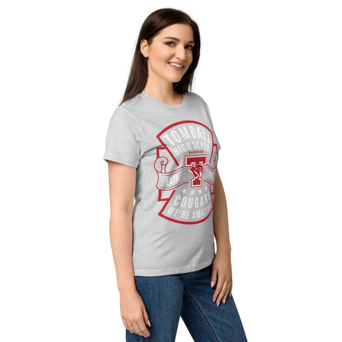 Side view of Tomball High School Cougars Women's Grey SoftStyle T-shirt 207