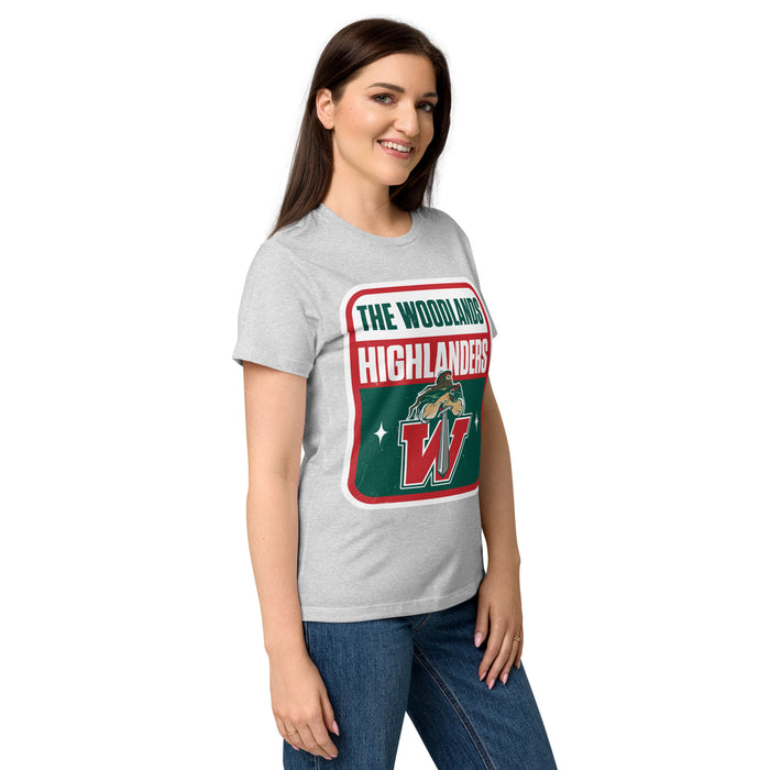 Side view of The Woodlands High School Highlanders Women's Sport Grey SoftStyle T-shirt 001A