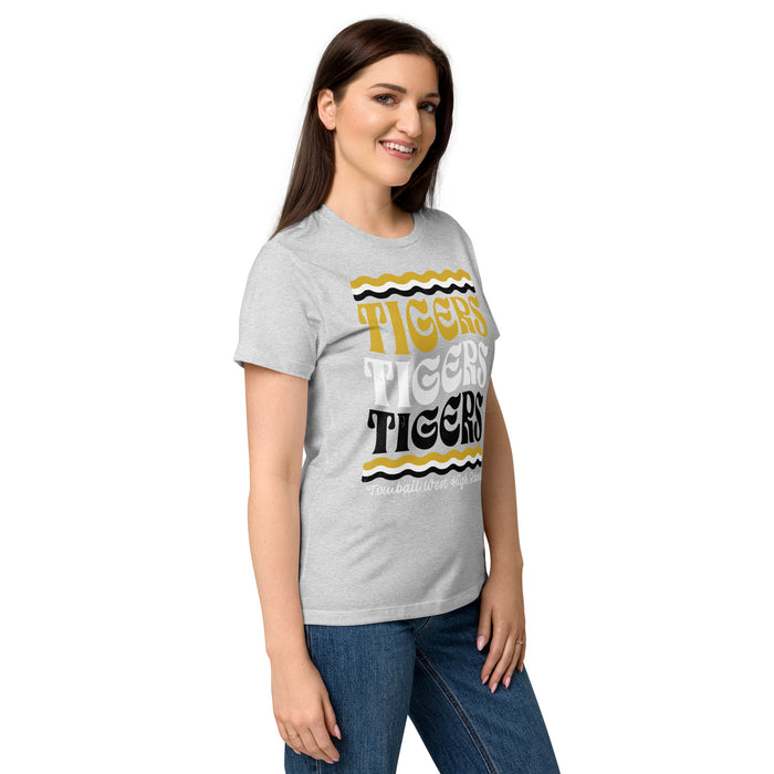 Side view of Tomball West High School Tigers Women's Grey SoftStyle T-shirt 227