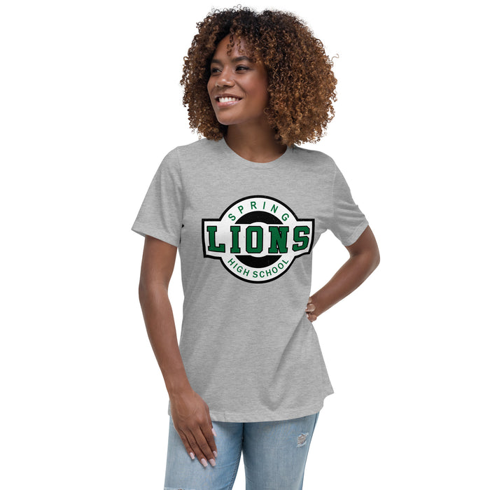 Woman wearing Spring High School Lions Women's Grey Relaxed T-shirt 011