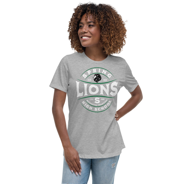 Woman wearing Spring High School Lions Women's Grey Relaxed T-shirt 218