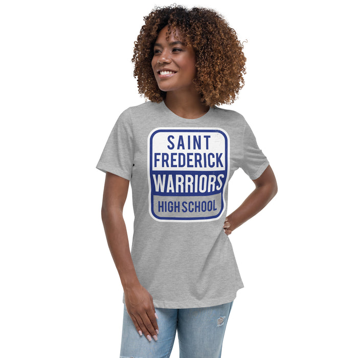 Woman wearing St. Frederick High School Warriors Grey Women's T-shirt 001