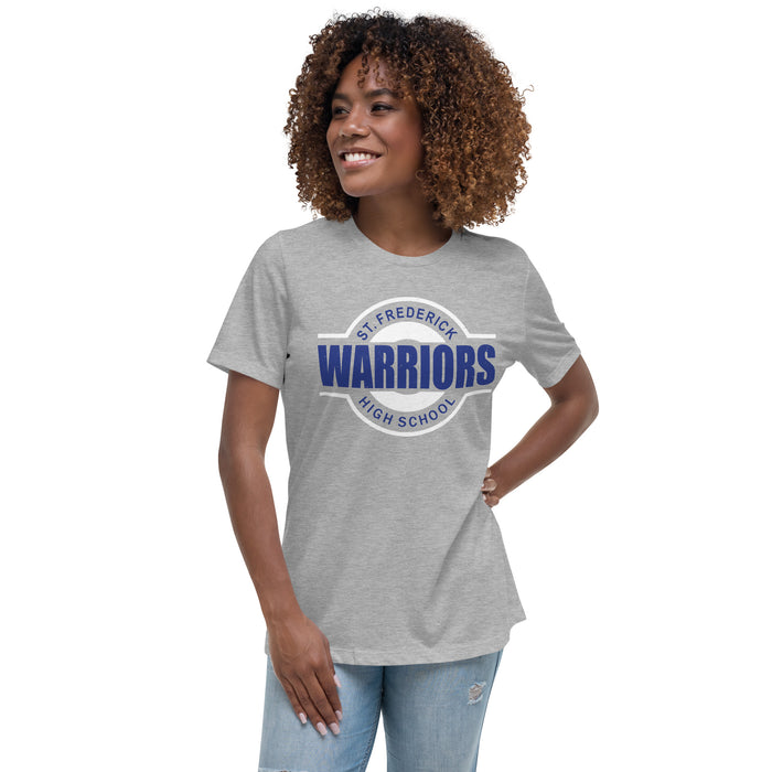 Woman wearing St. Frederick High School Warriors Grey Women's T-shirt 011