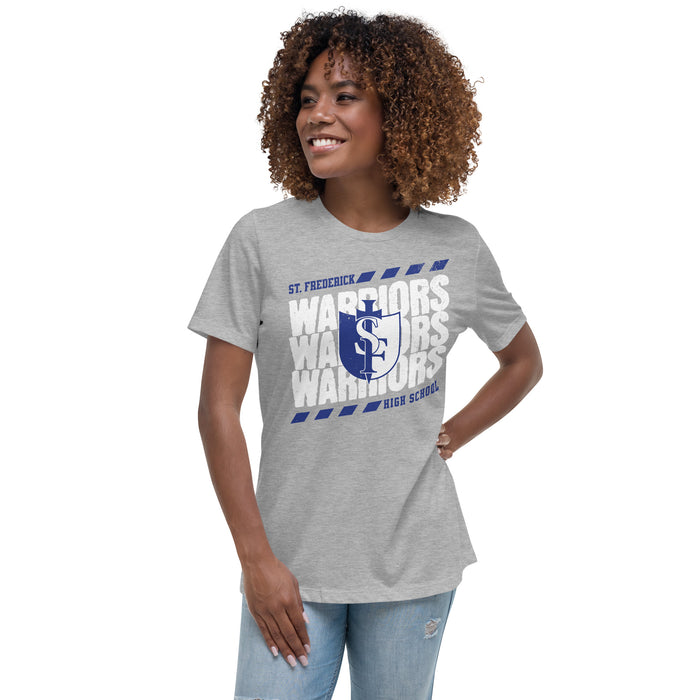 Woman wearing St. Frederick High School Warriors Grey Women's T-shirt 223