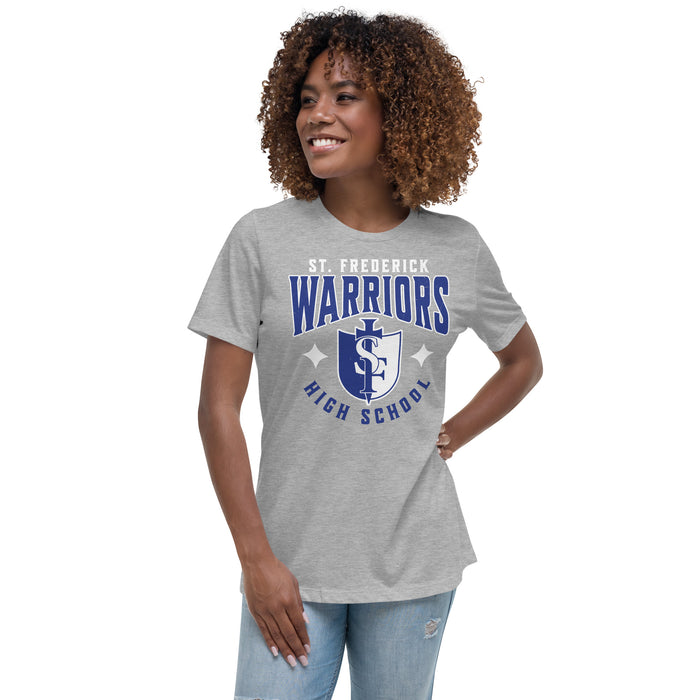 Woman wearing St. Frederick High School Warriors Grey Women's T-shirt 213