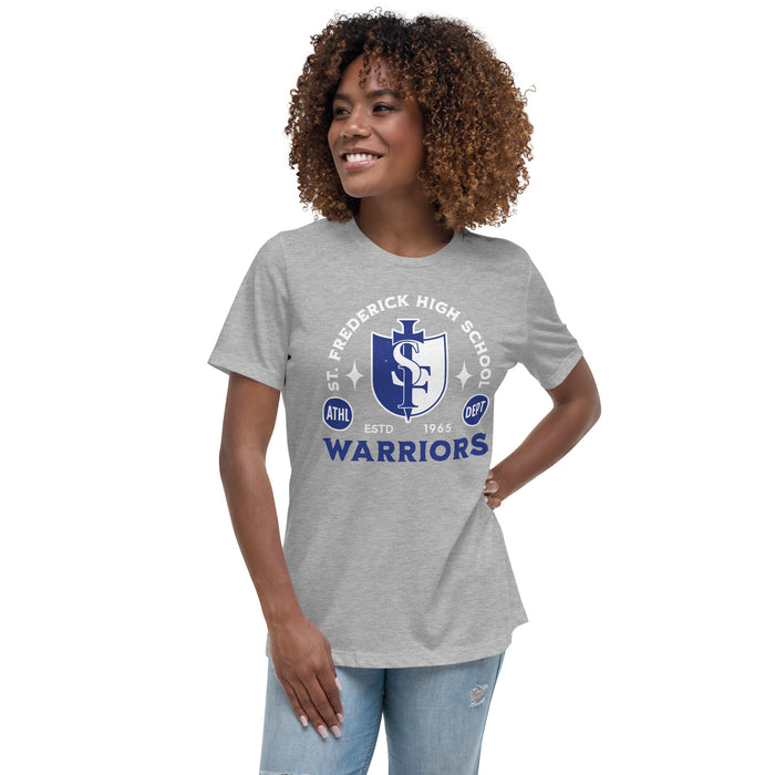 Woman wearing St. Frederick High School Warriors Grey Women's T-shirt 208