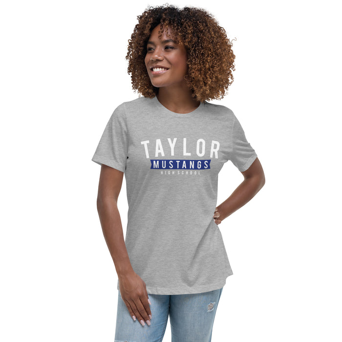 Woman wearing Taylor High School Mustangs Women's Grey T-shirt 021