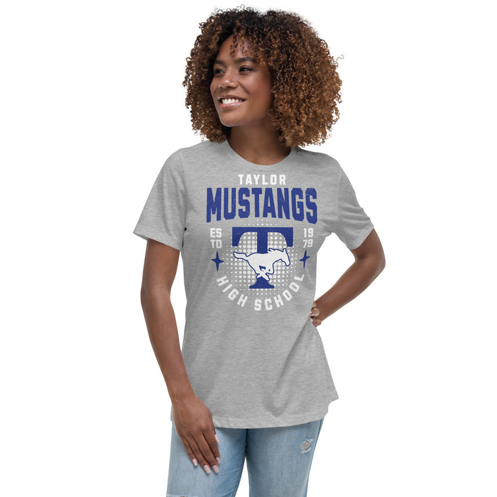 Woman wearing Taylor High School Mustangs Women's Grey T-shirt 204