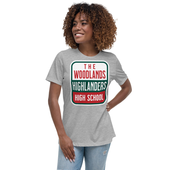 Woman wearing The Woodlands High School Highlanders Athletic Grey Women's T-shirt 001