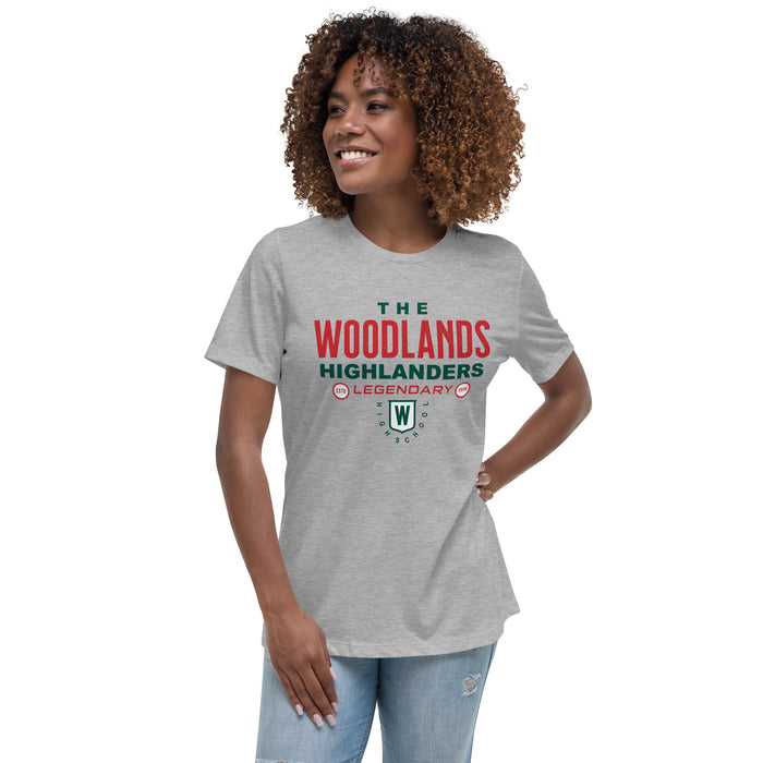 Woman wearing The Woodlands High School Highlanders Athletic Grey Women's T-shirt 003