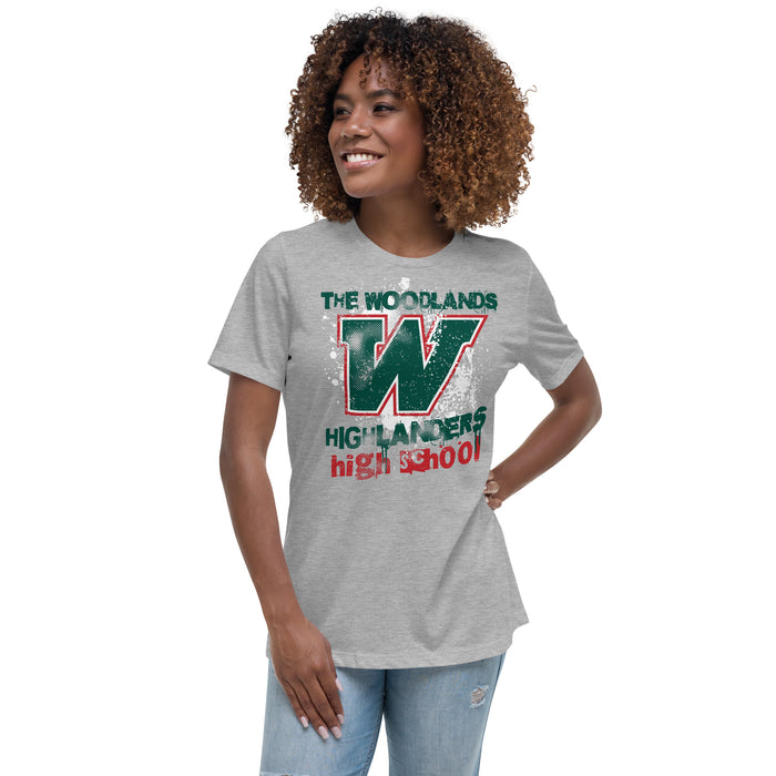 Woman wearing The Woodlands High School Highlanders Athletic Grey Women's T-shirt 204