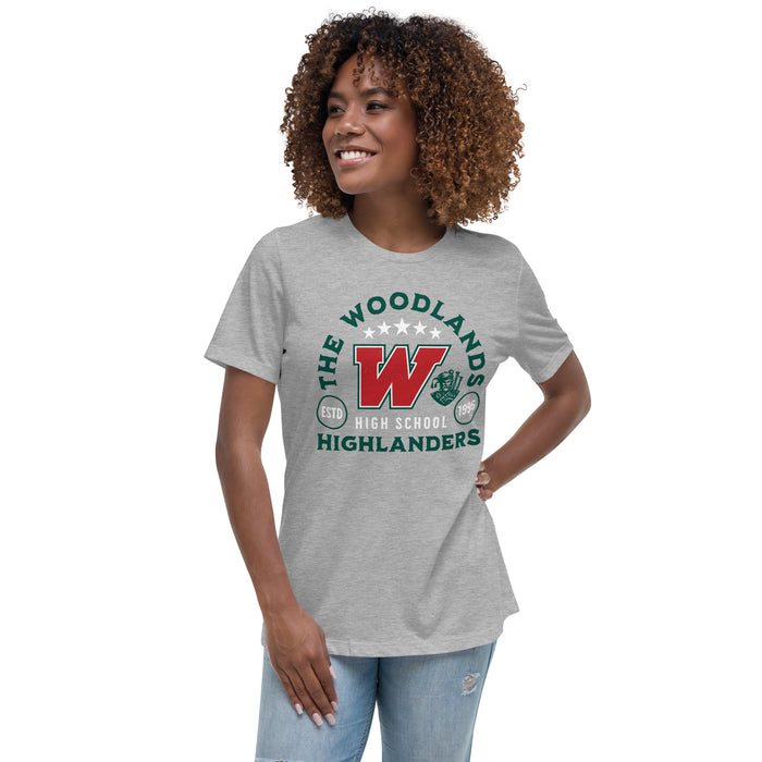 Woman wearing The Woodlands High School Highlanders Athletic Grey Women's T-shirt 207