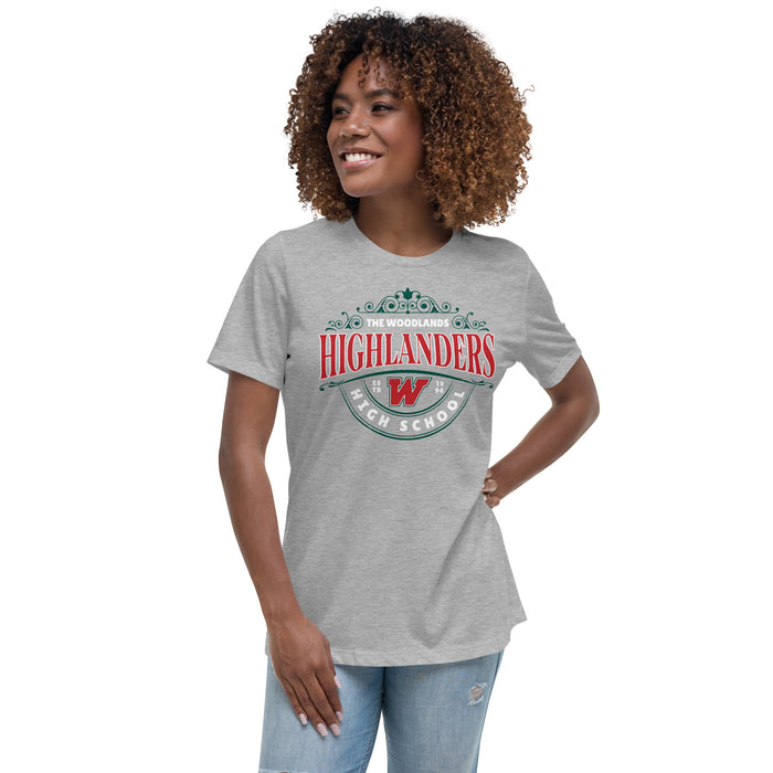 Woman wearing The Woodlands High School Highlanders Athletic Grey Women's T-shirt 212