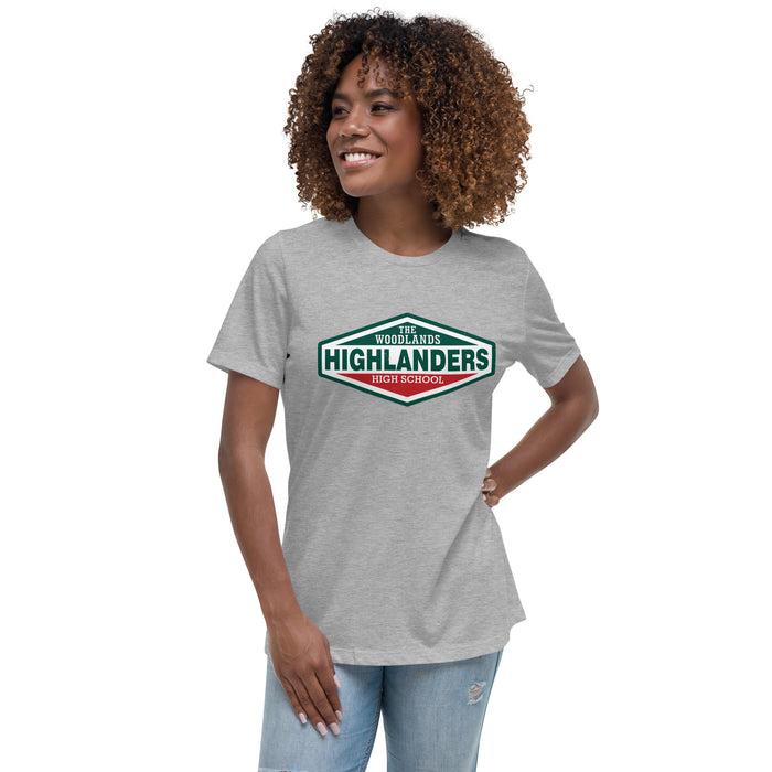 Woman wearing The Woodlands High School Highlanders Athletic Grey Women's T-shirt 009