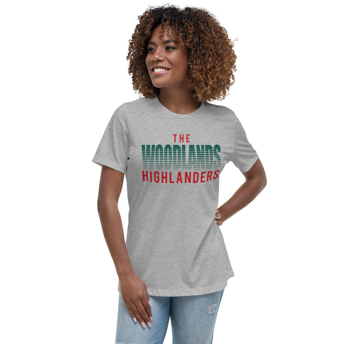 Woman wearing The Woodlands High School Highlanders Athletic Grey Women's T-shirt 024