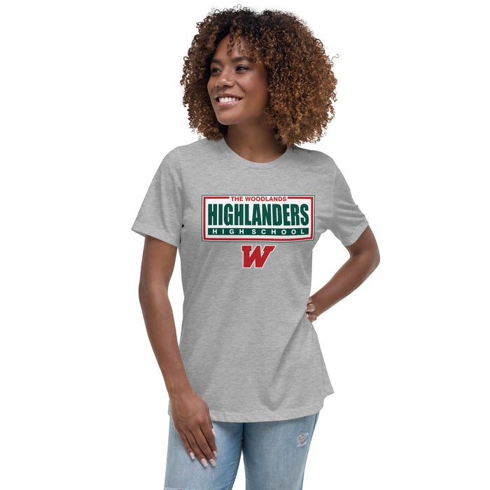 Woman wearing The Woodlands High School Highlanders Athletic Grey Women's T-shirt 049