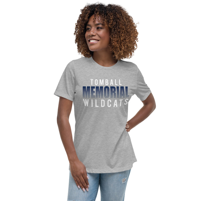 Woman wearing Tomball Memorial High School Wildcats Women's Grey T-shirt 024