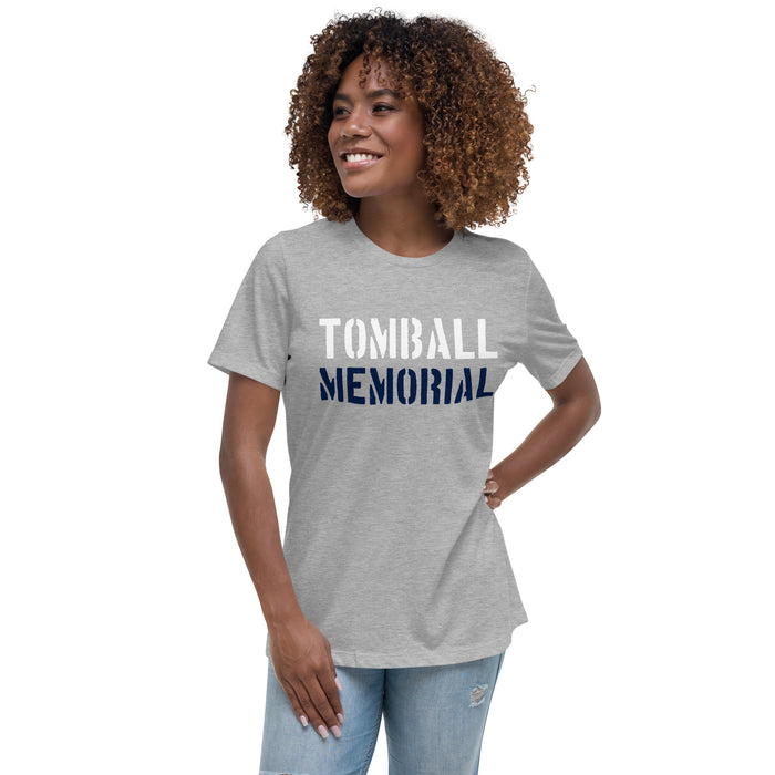 Woman wearing Tomball Memorial High School Wildcats Women's Grey T-shirt 017