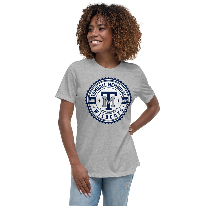 Woman wearing Tomball Memorial High School Wildcats Women's Grey T-shirt 203