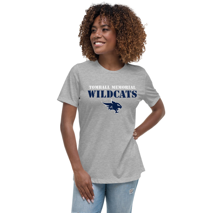 Woman wearing Tomball Memorial High School Wildcats Women's Grey T-shirt 222