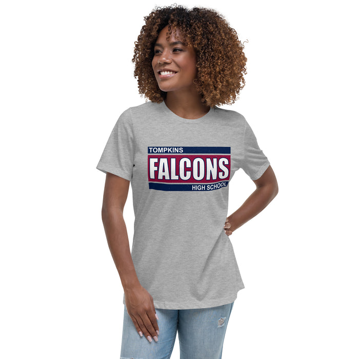 Woman wearing Tompkins High School Falcons Women's Grey T-shirt 098