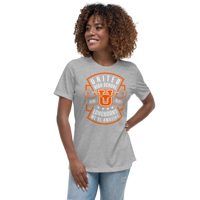 Woman wearing United High School Longhorns Women's Grey T-shirt 207