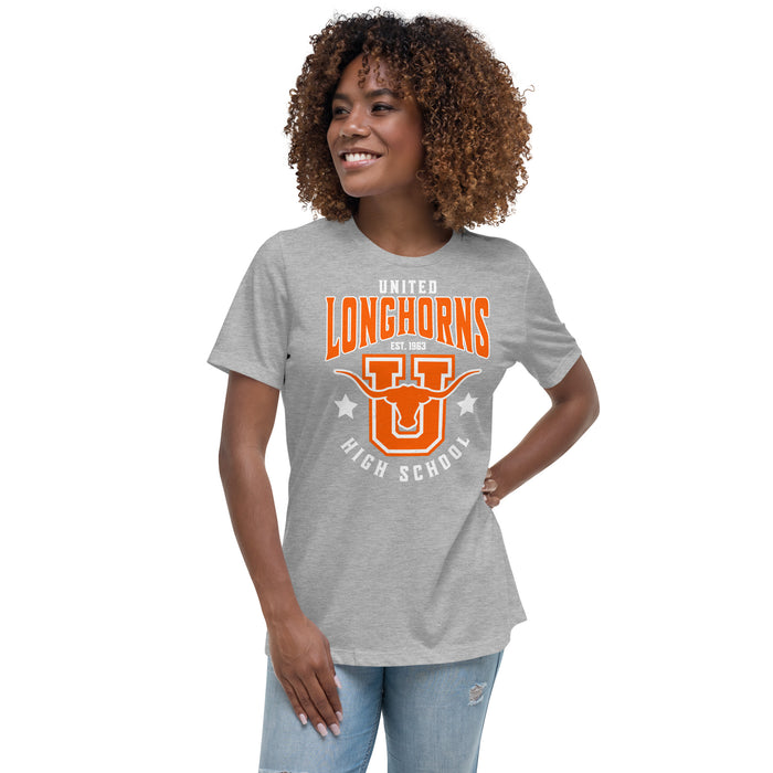 Woman wearing United High School Longhorns Women's Grey T-shirt 213