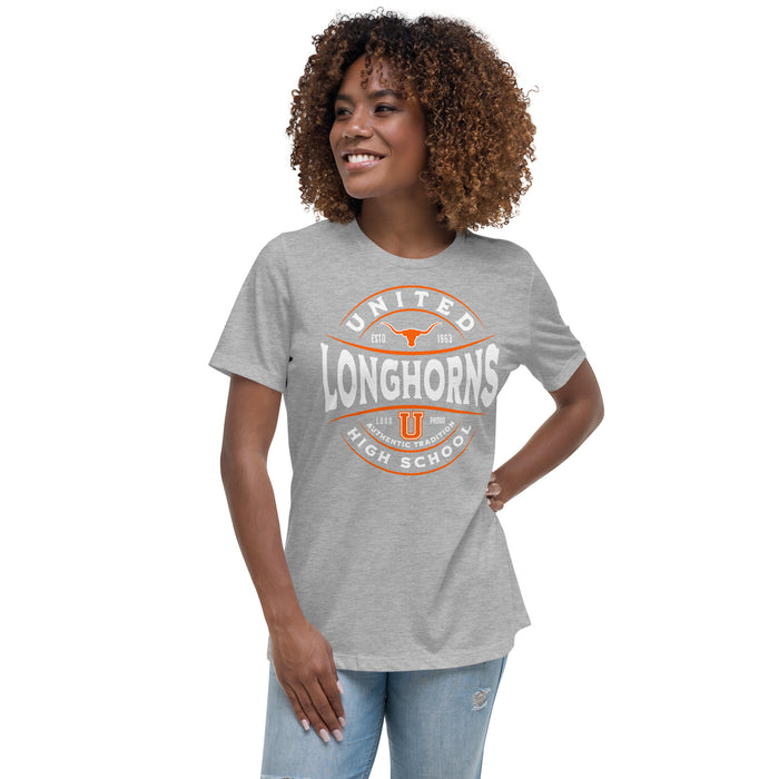 Woman wearing United High School Longhorns Women's Grey T-shirt 218