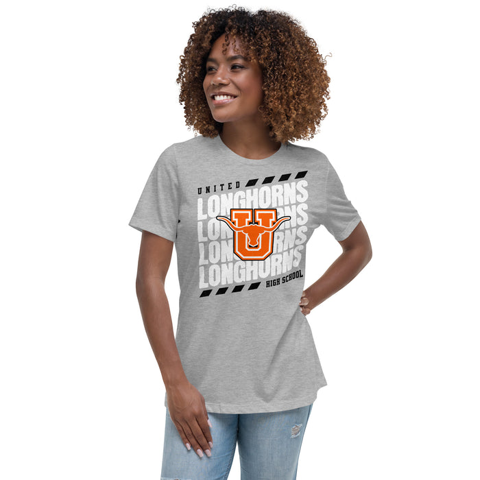 Woman wearing United High School Longhorns Women's Grey T-shirt 223