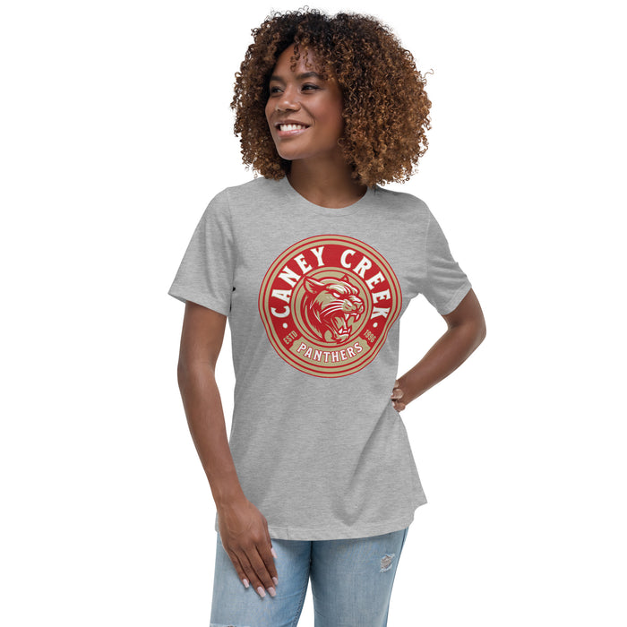 Woman wearing Caney Creek High School Panthers Women's Grey T-shirt 220