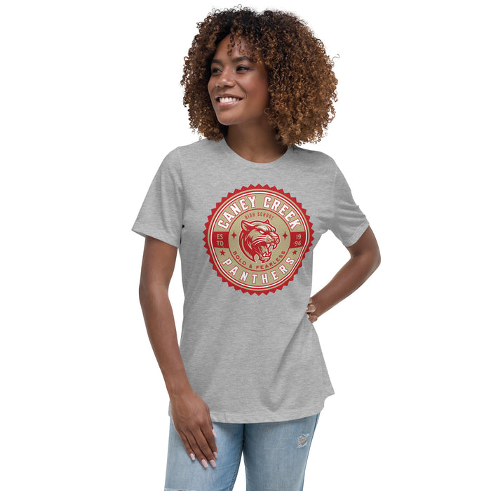 Woman wearing Caney Creek High School Panthers Women's Grey T-shirt 203